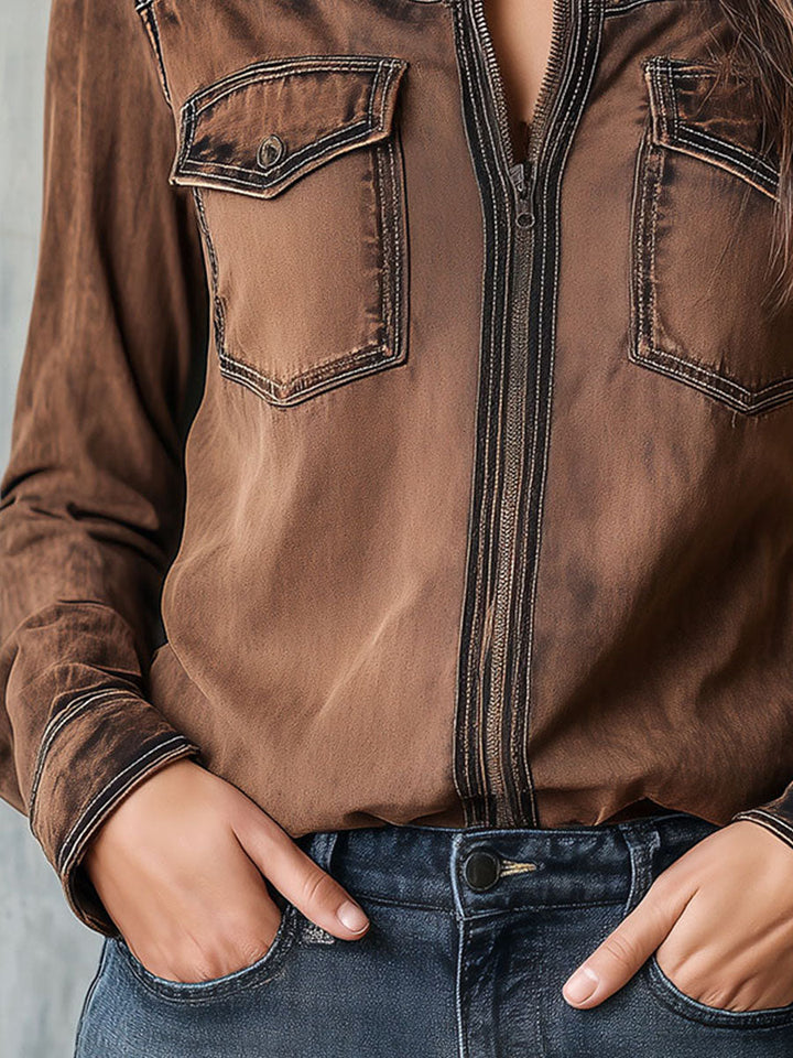 Women’s Vintage Washed Brown Contrast Stitching Utility Zip Shirt Jacket