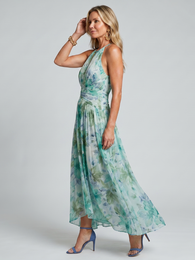Women’s Pleated Halter Floral Midi Dress