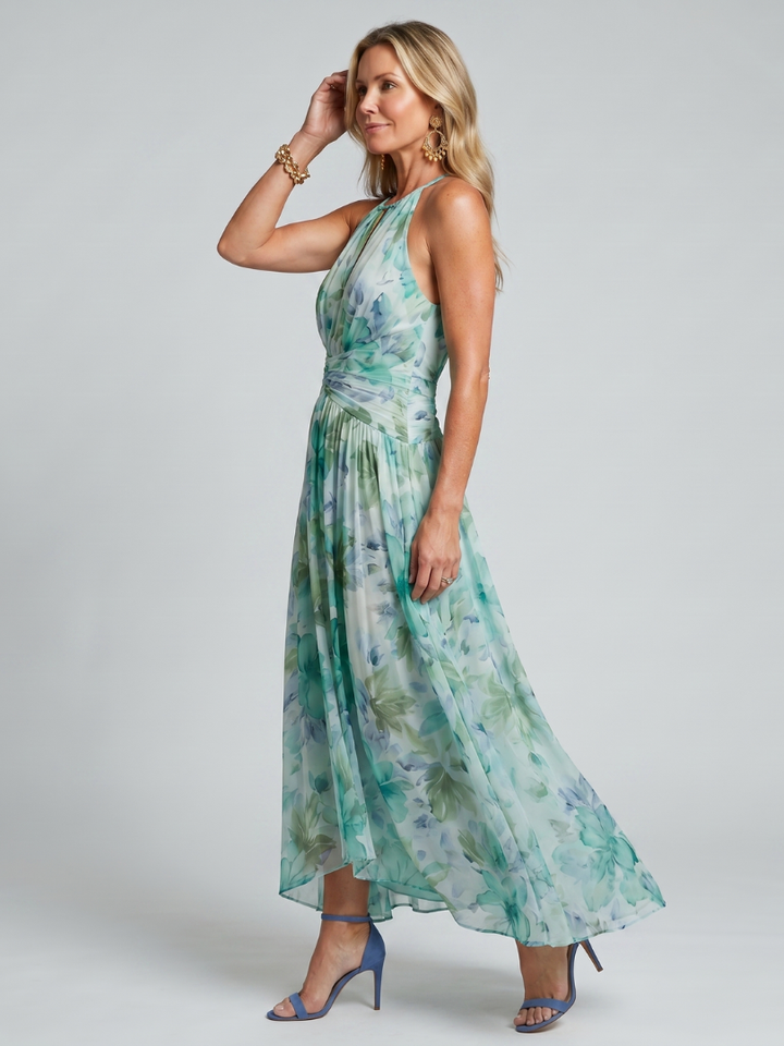 Women’s Pleated Halter Floral Midi Dress
