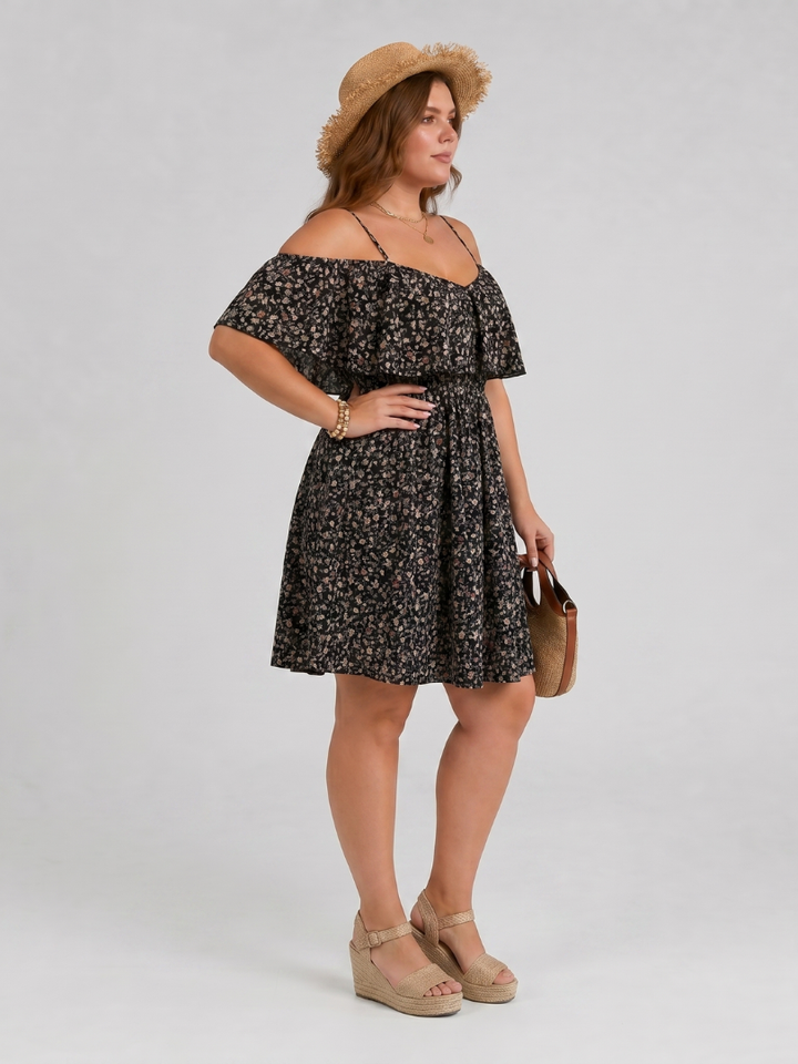Women’s Cold Shoulder Ruffle Overlay Knee Length Dress