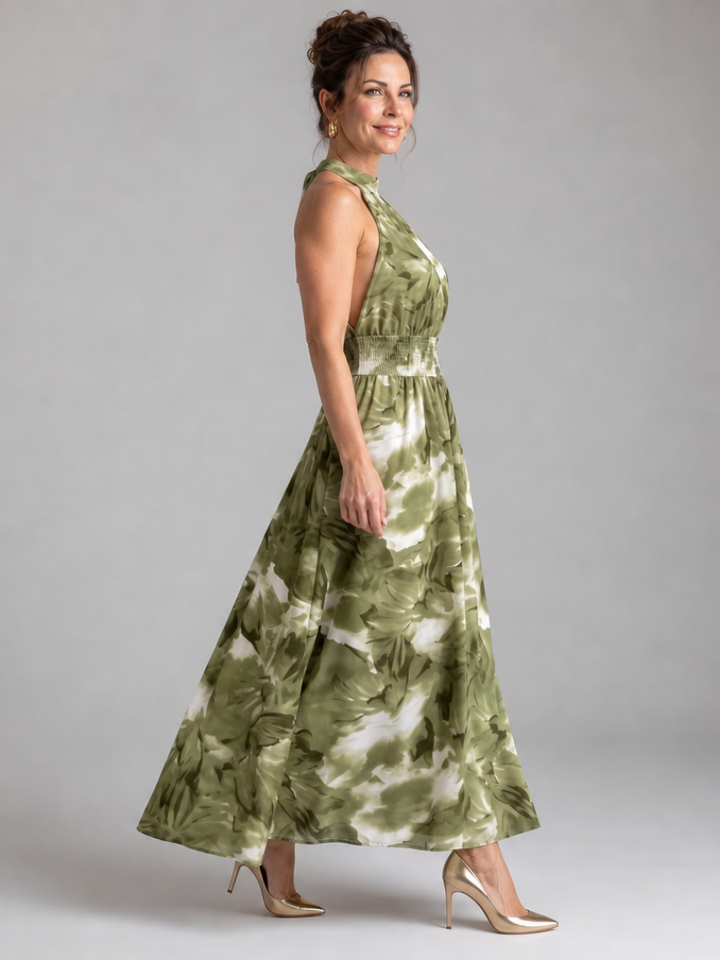 Women’s Gathered Waist Printed Midi Dress
