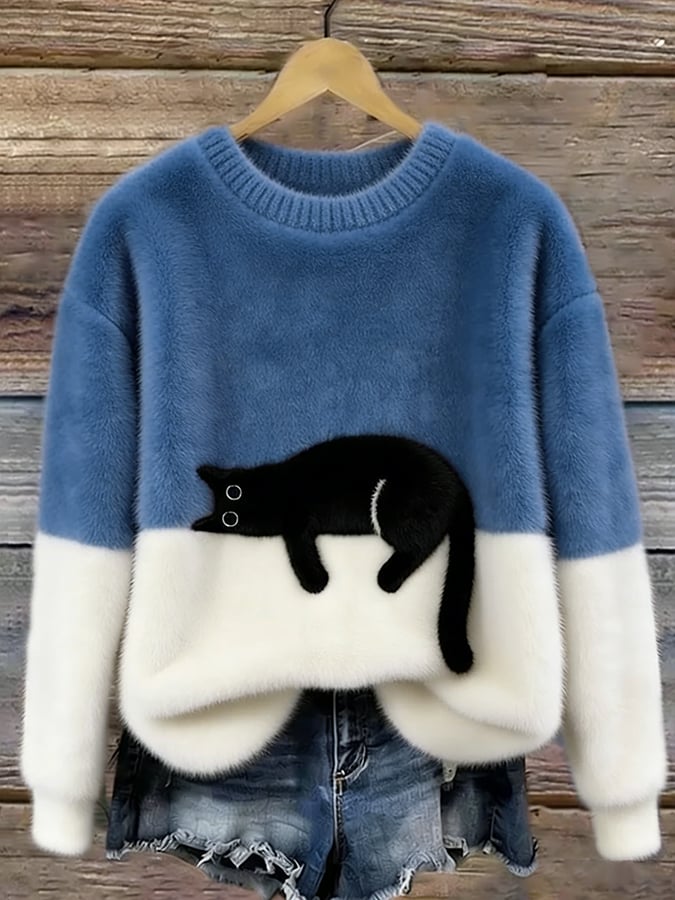 Women’s Cat Graphic Crewneck Pullover Sweater
