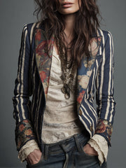 Women’s Boho Floral Print Striped Blazer