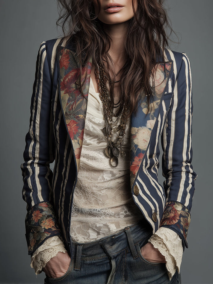 Women’s Boho Floral Print Striped Blazer