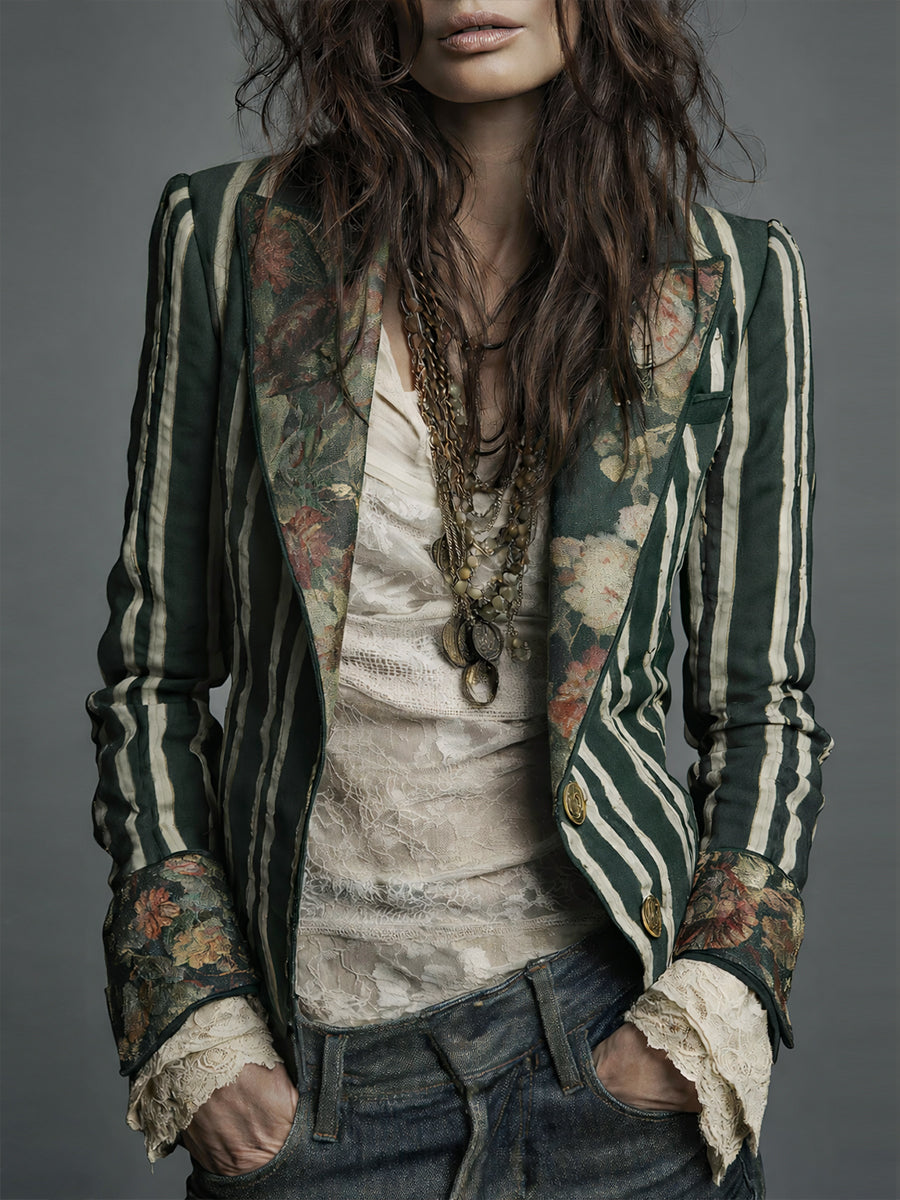 Women’s Boho Floral Print Striped Blazer