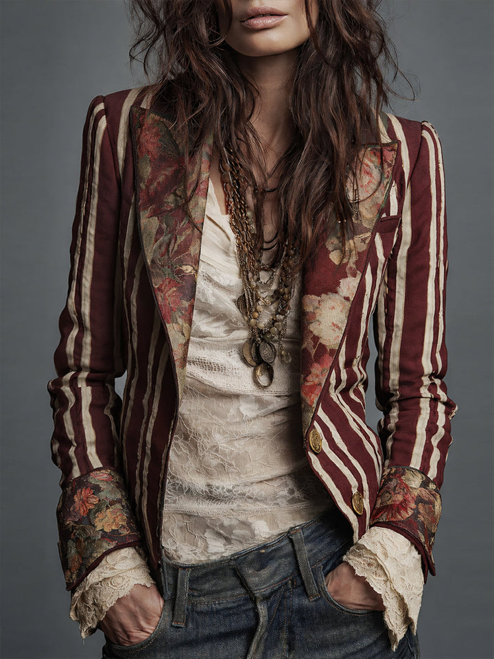 Women’s Boho Floral Print Striped Blazer