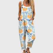 Women’s Soft Pumpkin And Blue Floral Print Jumpsuit
