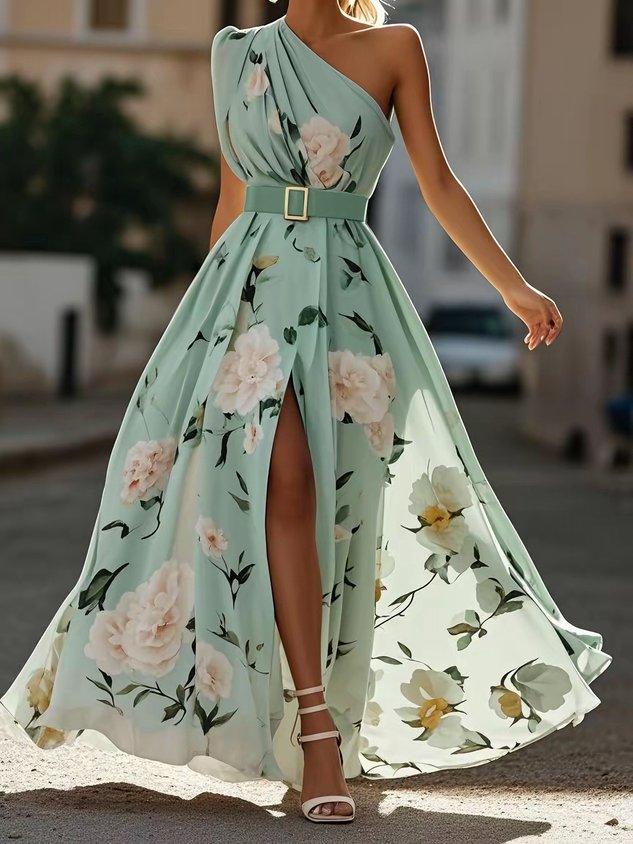 Women’s Light Green Floral One-Shoulder Maxi Dress