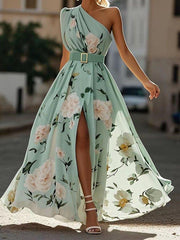 Women’s Light Green Floral One-Shoulder Maxi Dress
