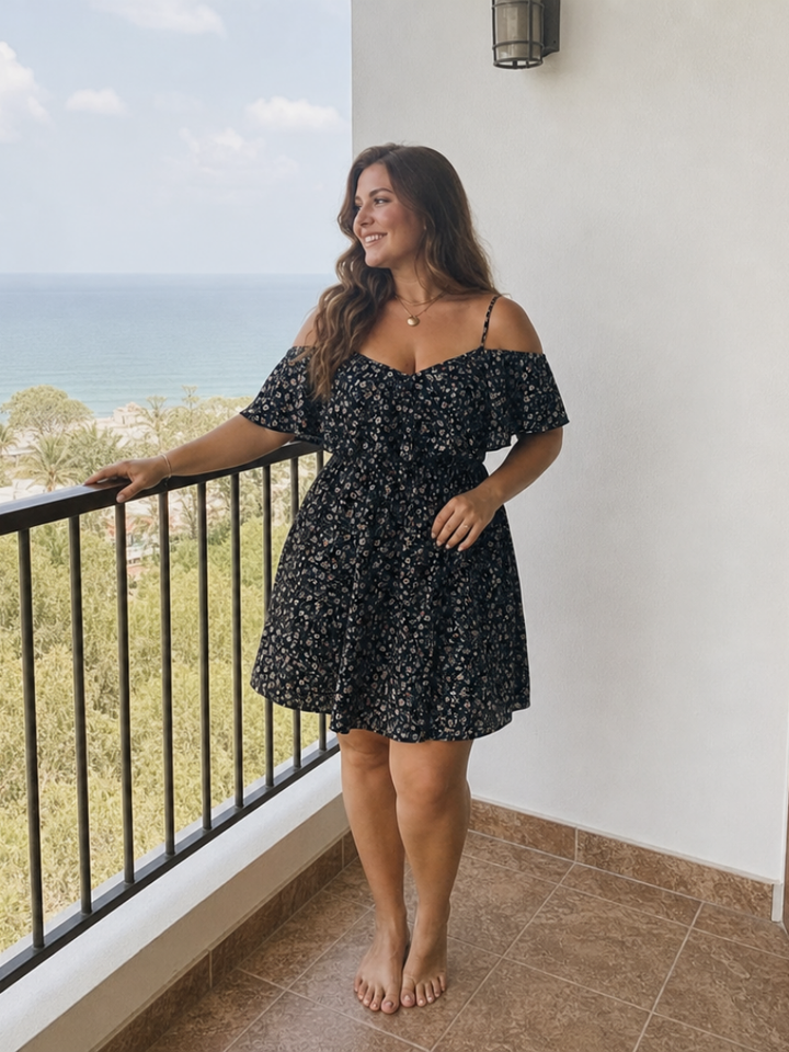 Women’s Cold Shoulder Ruffle Overlay Knee Length Dress