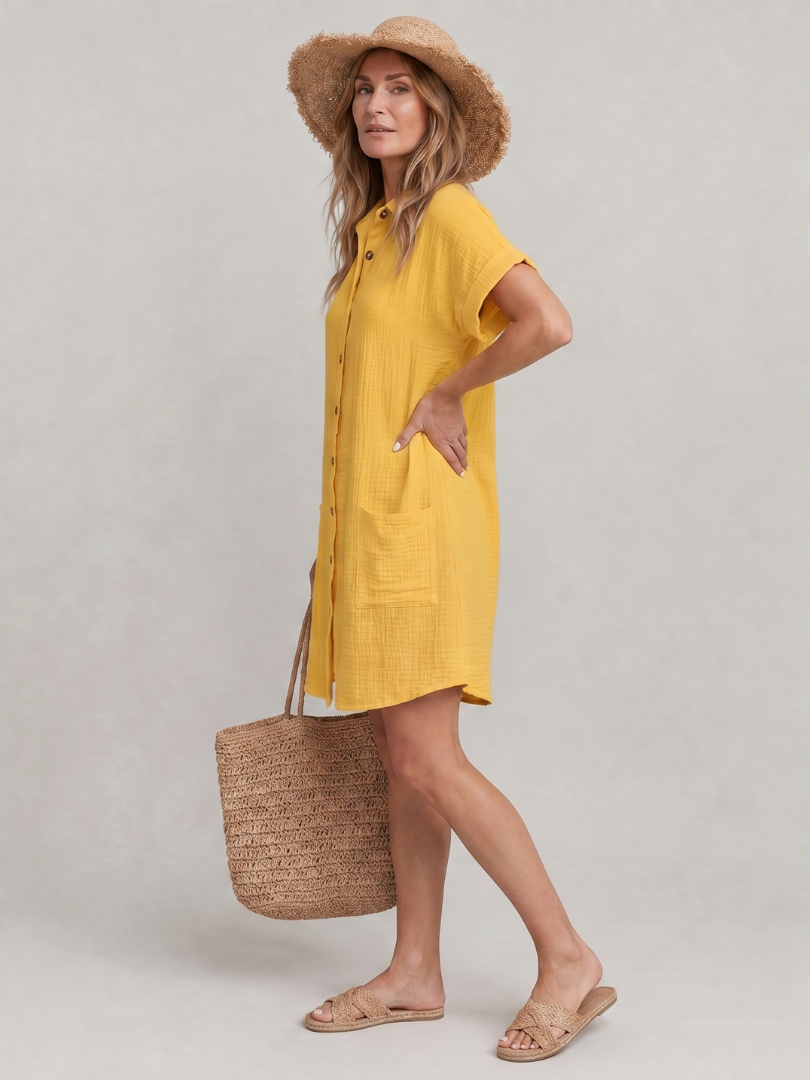 Women’s Short Sleeve Front Pockets Knee Length Dress