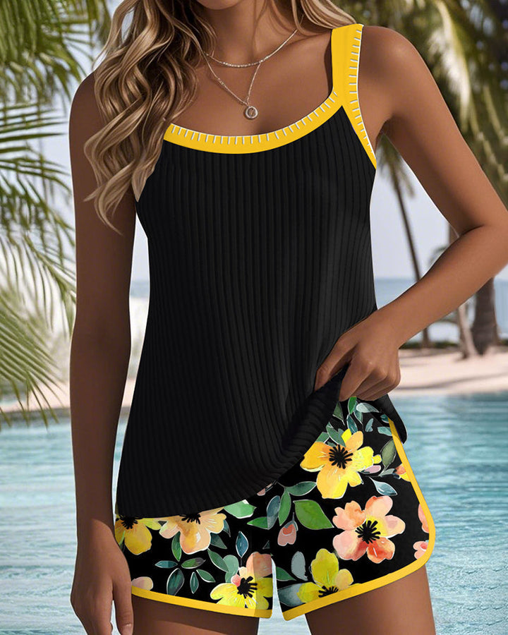 Women’s Ribbed Two-Piece High Waisted Tankini Shorts Set