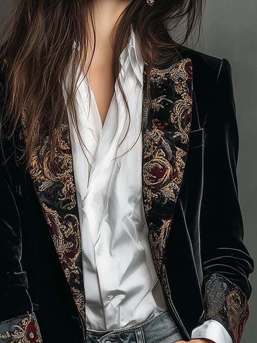 Men’s Black Baroque Print Lapel Slim Fit Blazer