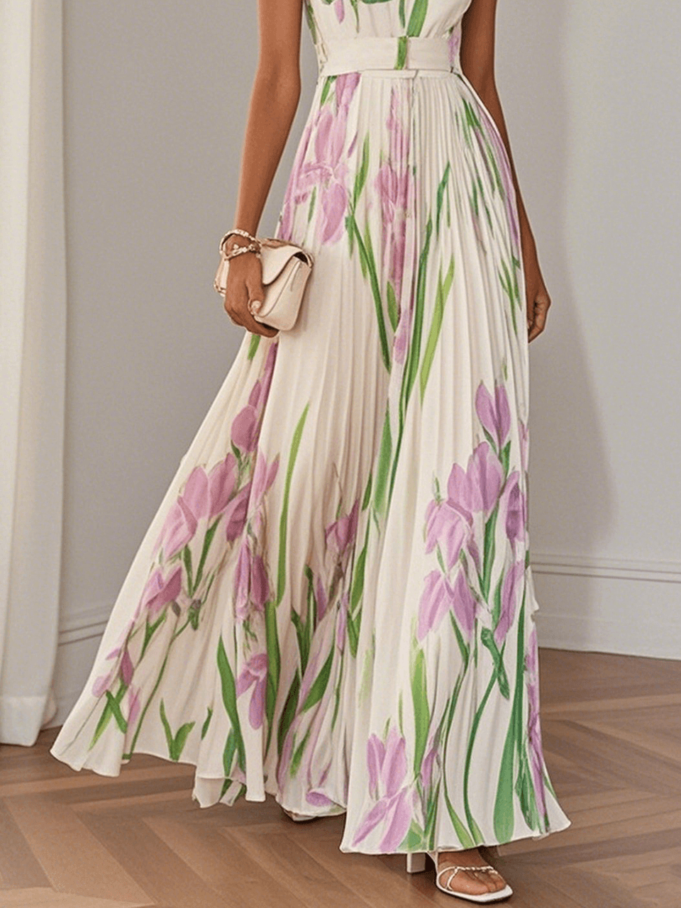 Women’s White Pleated Floral Maxi Dress