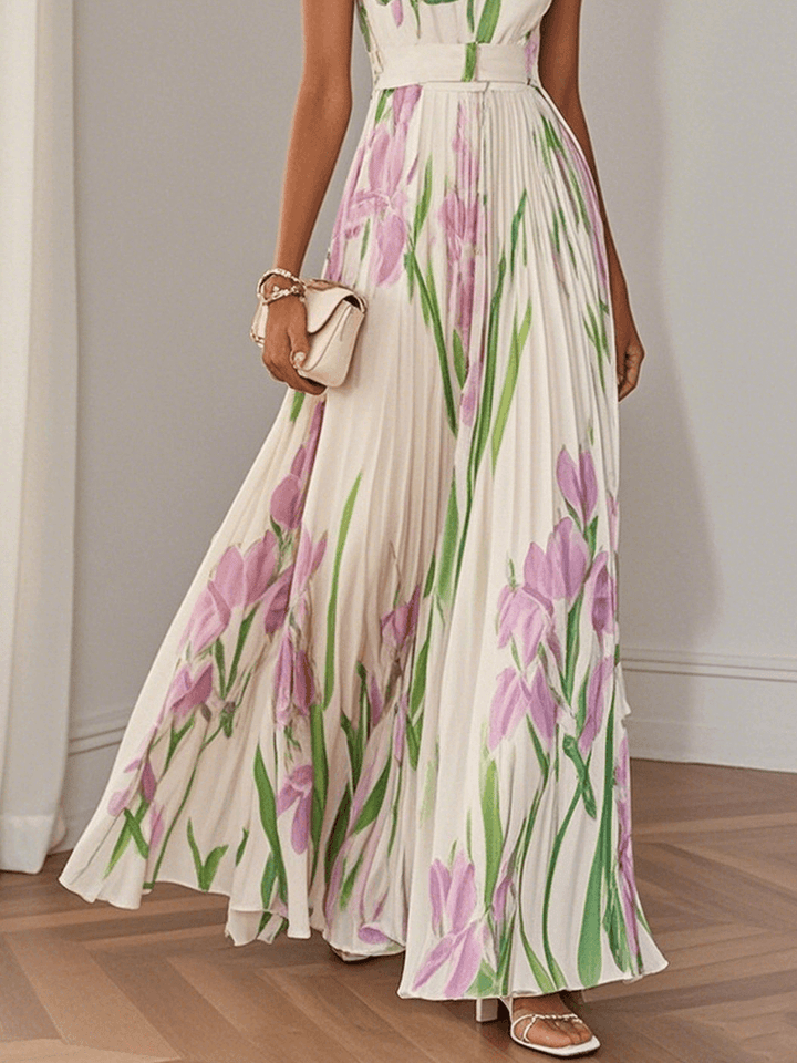 Women’s White Pleated Floral Maxi Dress