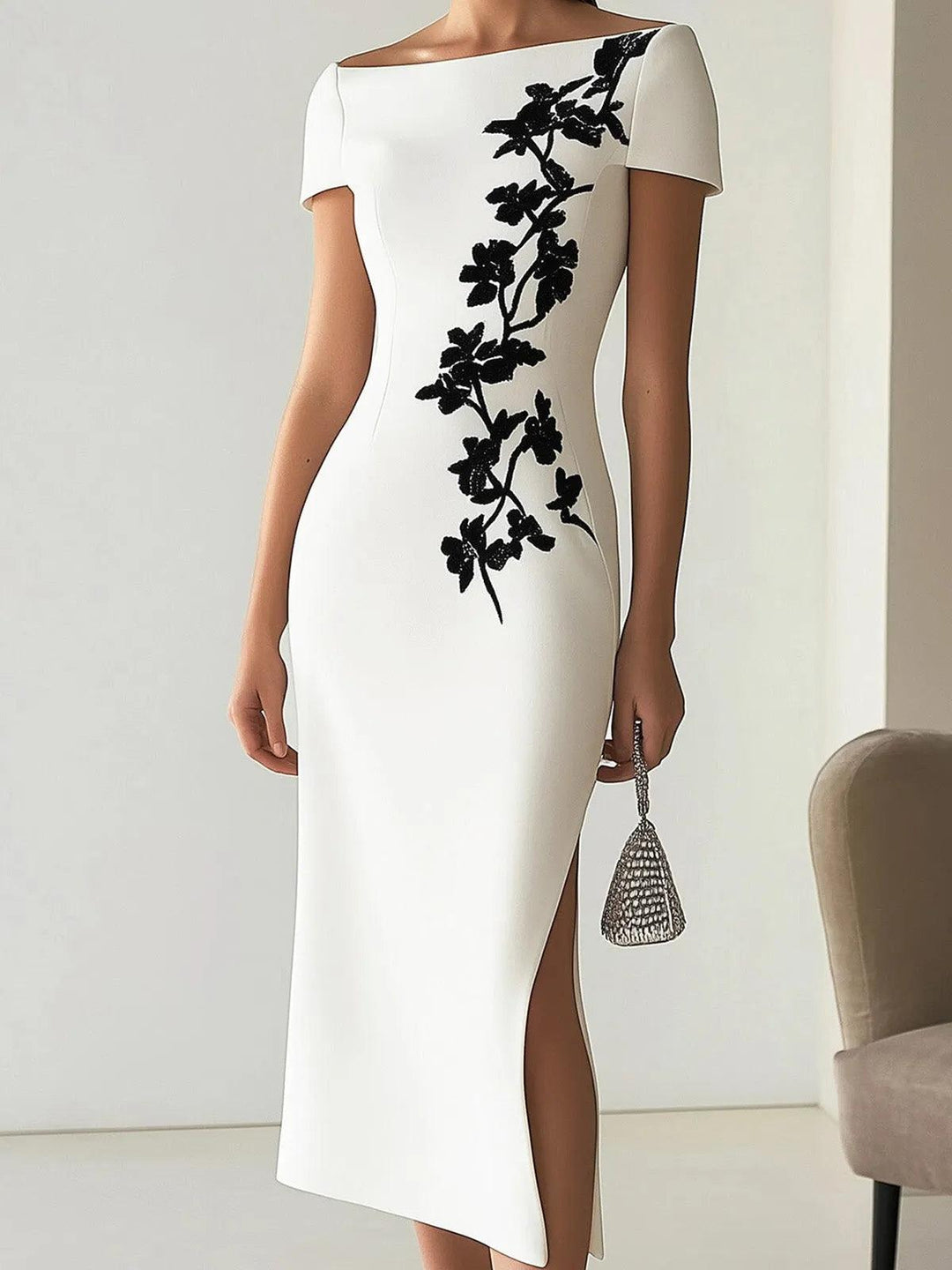 Women’s Floral Print Boat Neck Midi Dress