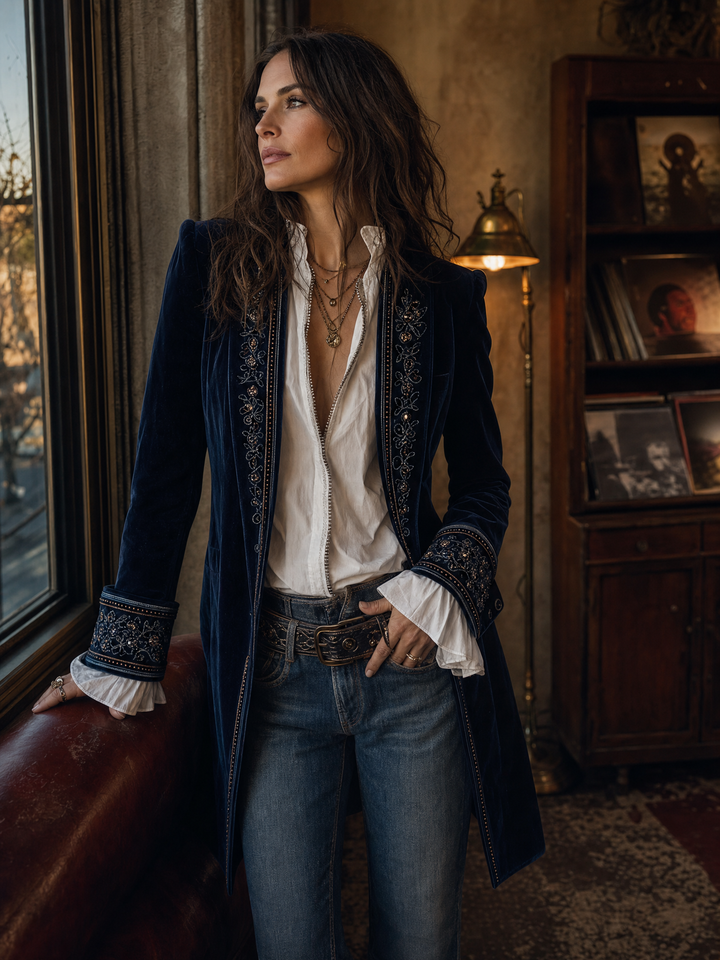 Women’s Vintage Navy Embroidered Long Jacket