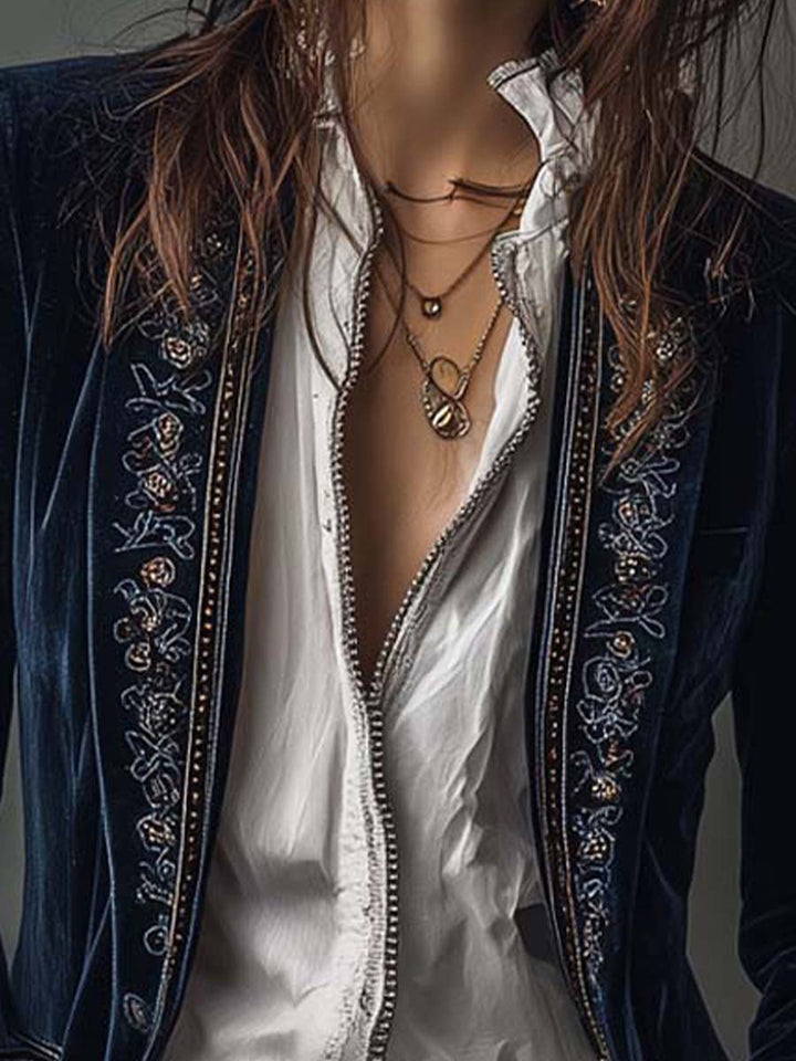 Women’s Vintage Navy Embroidered Long Jacket