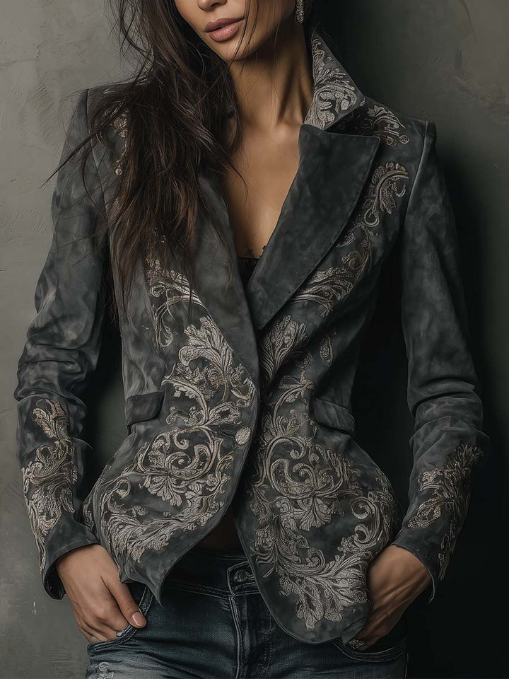 Women’s Charcoal Taupe Embossed Floral Blazer