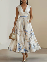 Women’s Floral V-Neck Pleated Midi Dress
