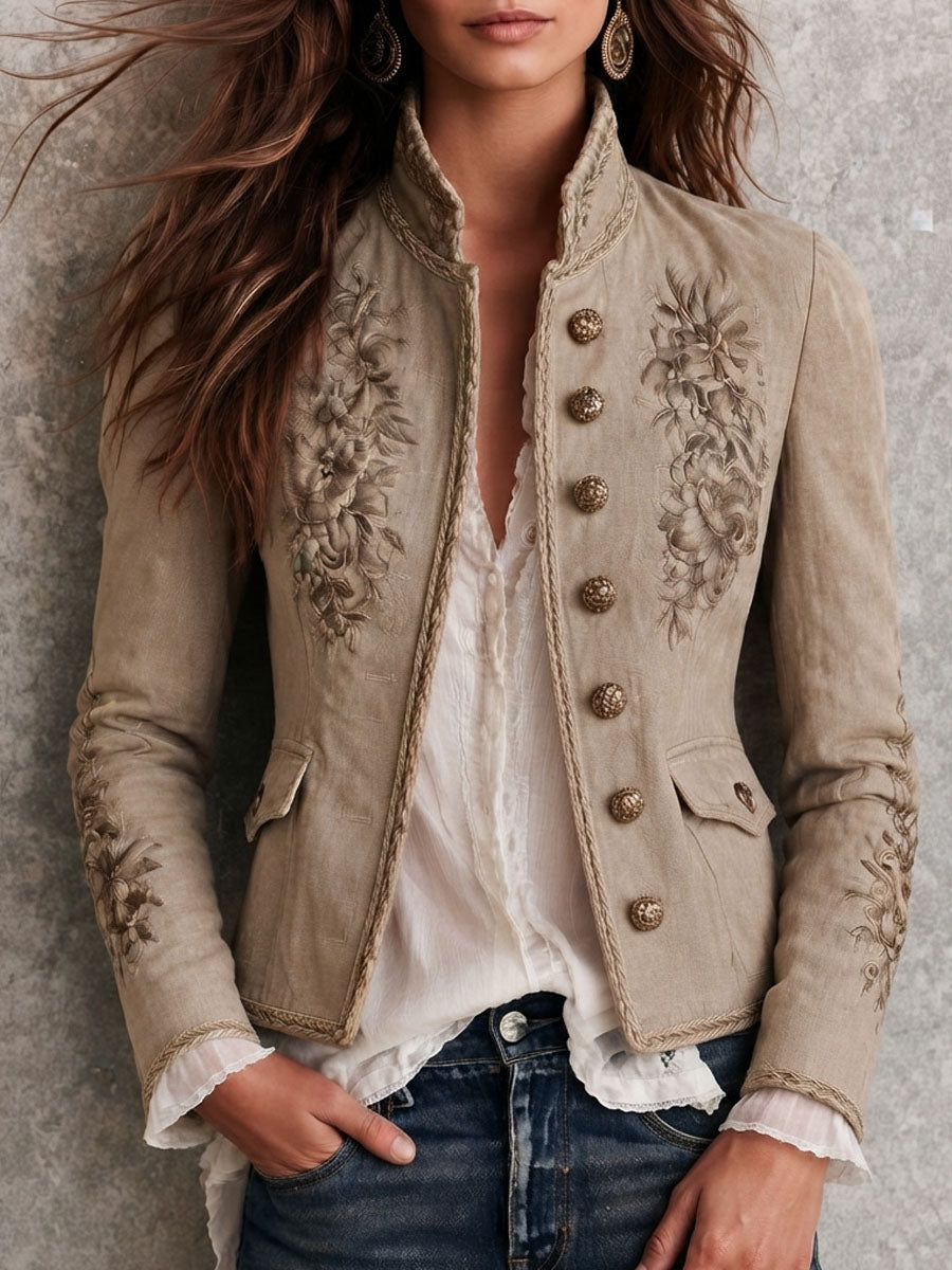 Women’s Beige Stand Collar Floral Embroidered Jacket