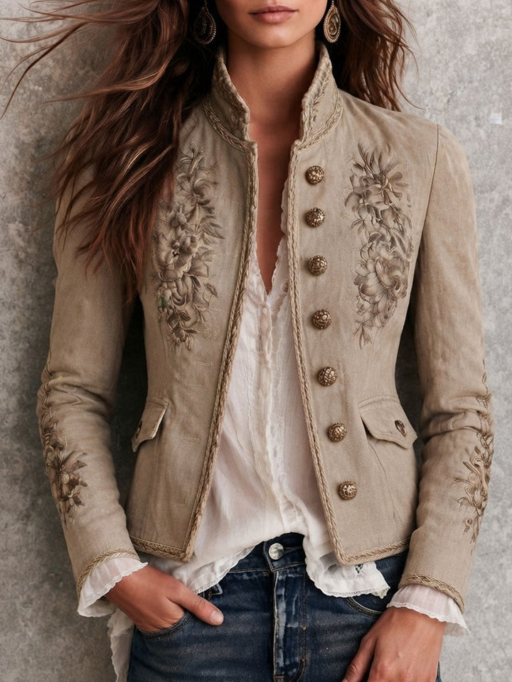 Women’s Beige Stand Collar Floral Embroidered Jacket