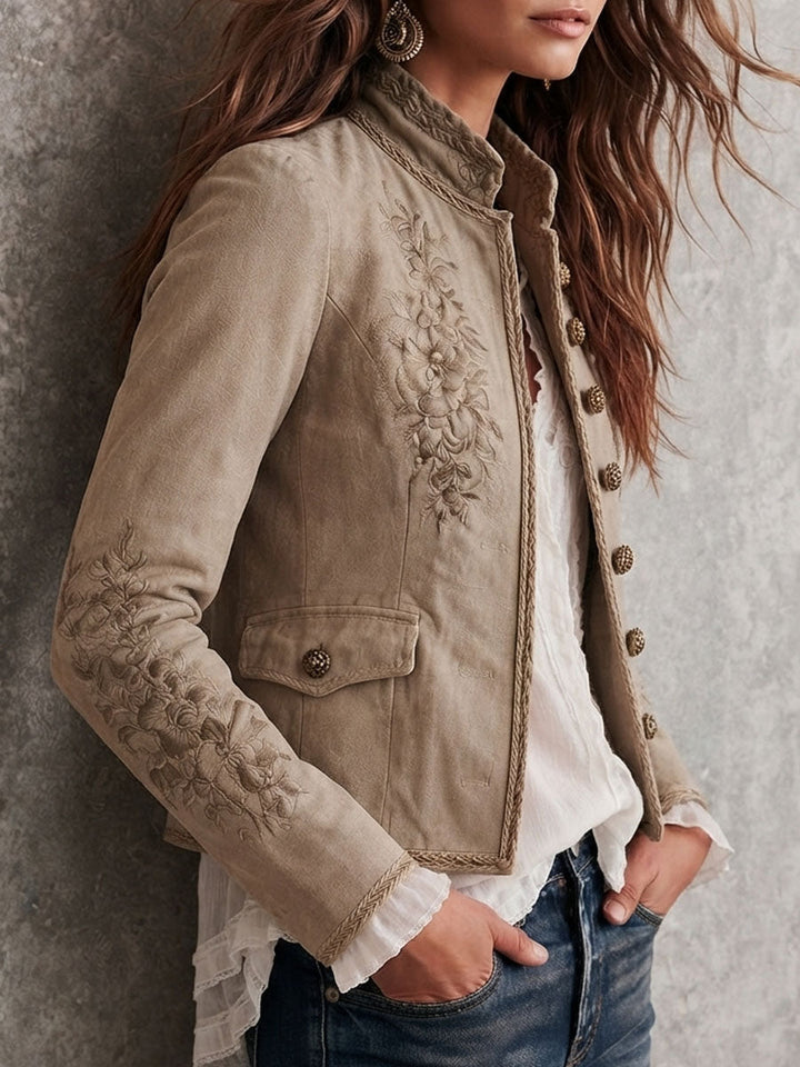 Women’s Beige Stand Collar Floral Embroidered Jacket