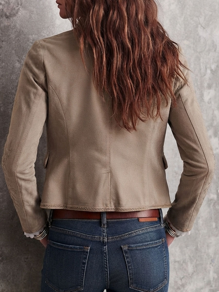 Women’s Beige Stand Collar Floral Embroidered Jacket