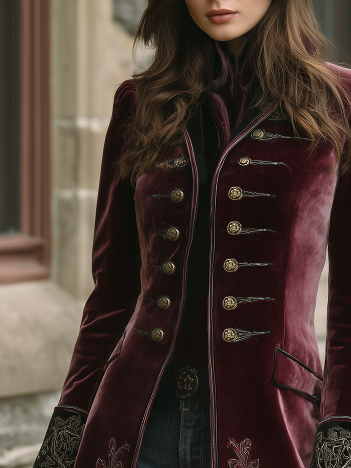 Women’s Vintage Contrast Trim Embroidered Coat
