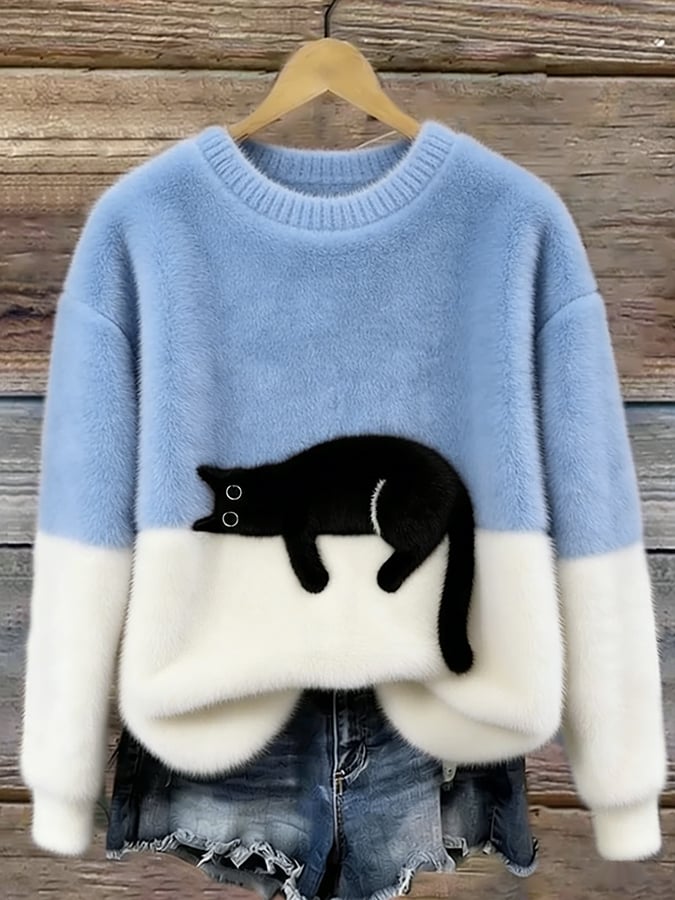 Women’s Cat Graphic Crewneck Pullover Sweater