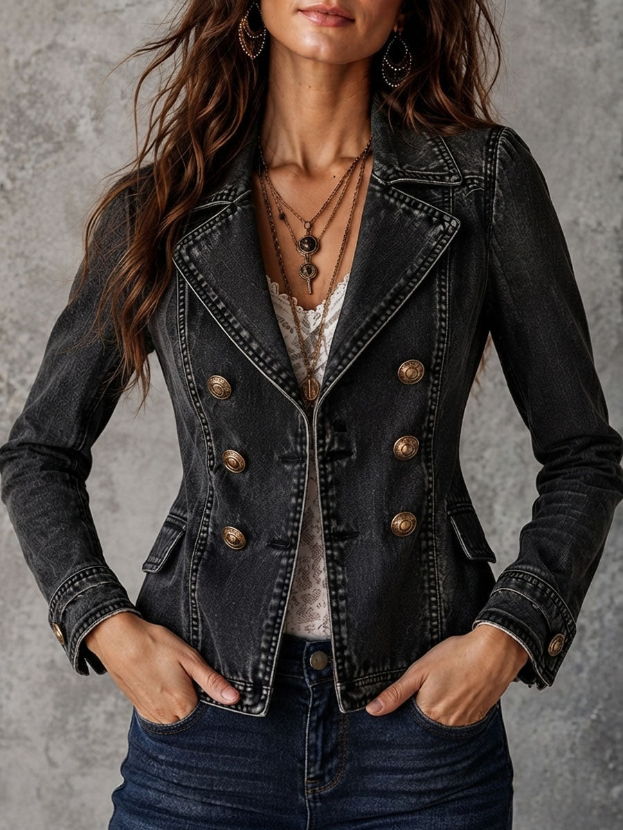 Women’s Vintage Washed Double Breasted Lapel Jacket
