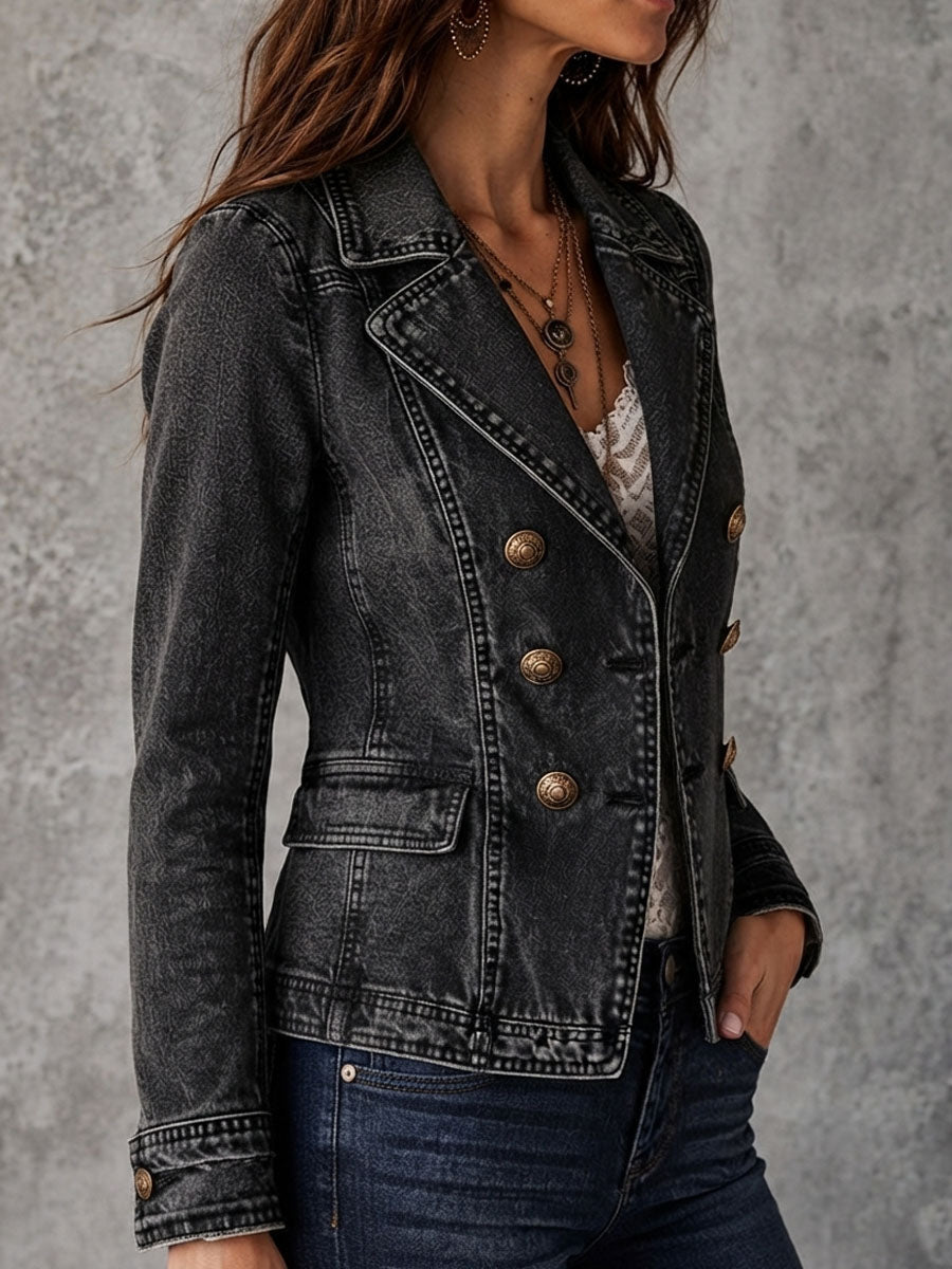 Women’s Vintage Washed Double Breasted Lapel Jacket