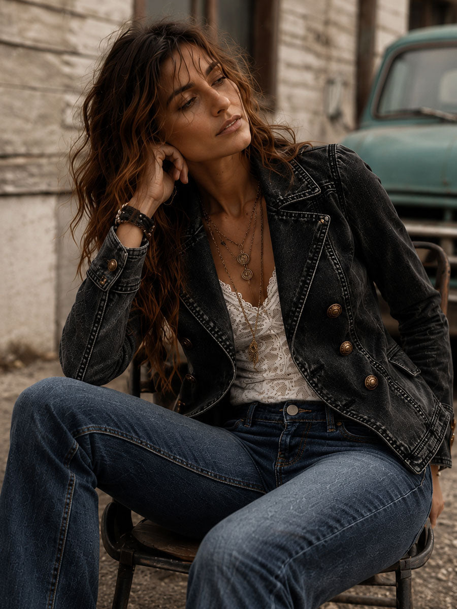 Women’s Vintage Washed Double Breasted Lapel Jacket