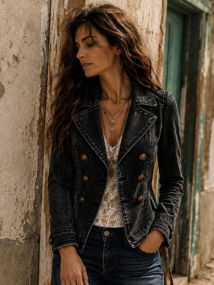 Women’s Vintage Washed Double Breasted Lapel Jacket