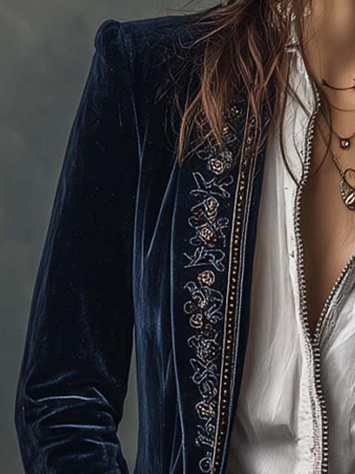 Women’s Vintage Navy Embroidered Long Jacket