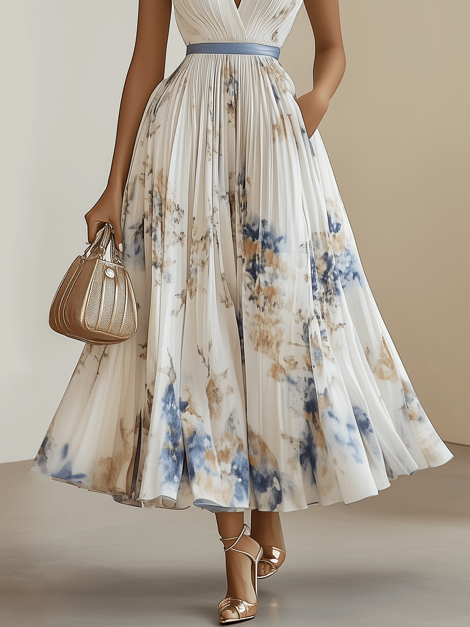 Women’s Floral V-Neck Pleated Midi Dress