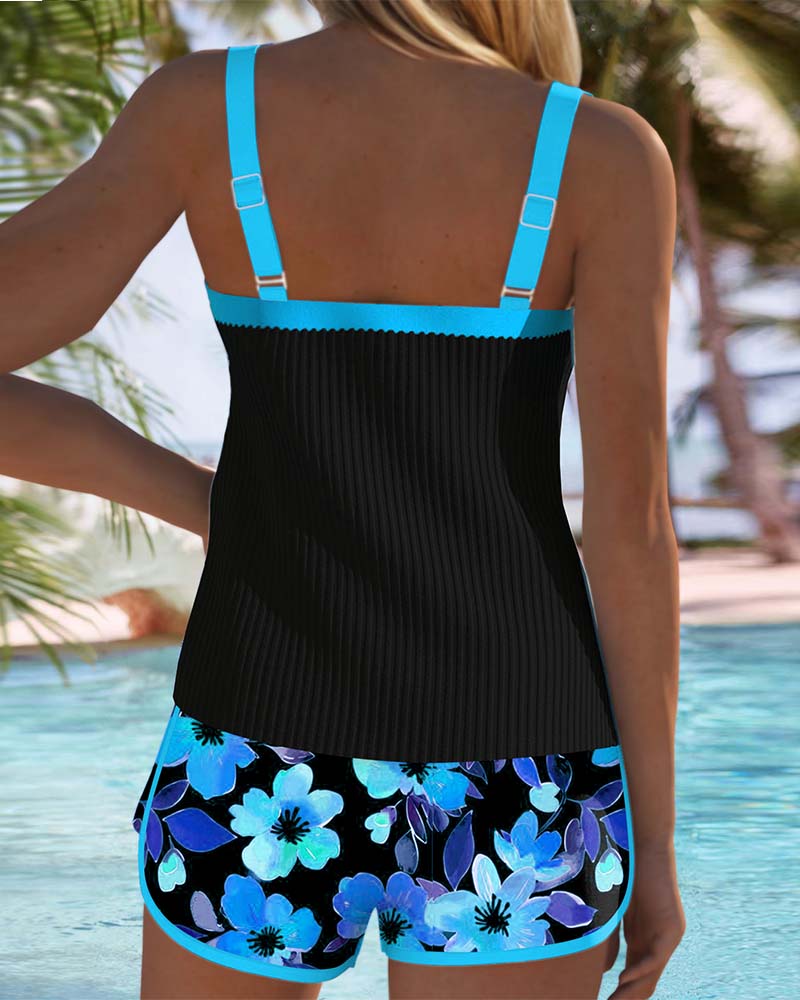 Women’s Ribbed Two-Piece High Waisted Tankini Shorts Set