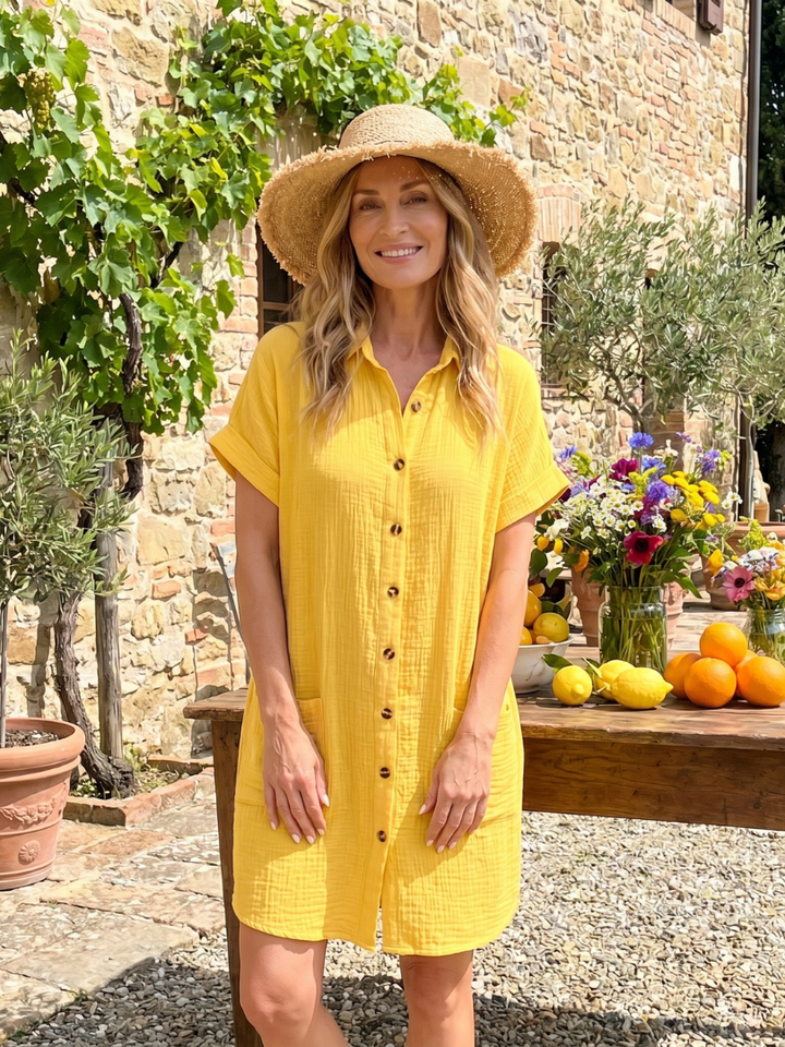 Women’s Short Sleeve Front Pockets Knee Length Dress