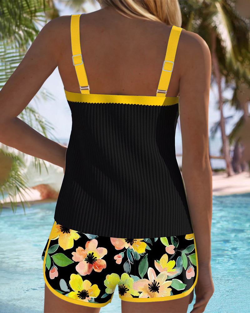 Women’s Ribbed Two-Piece High Waisted Tankini Shorts Set