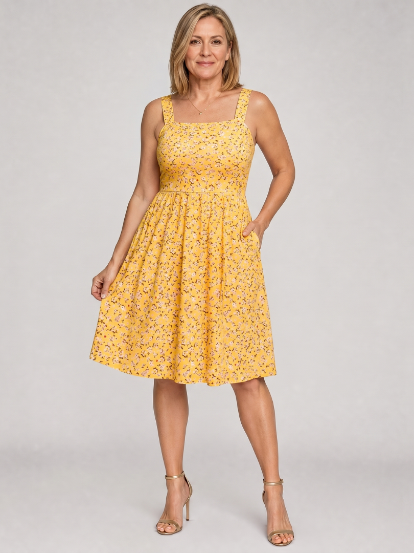 Women’s Square Neck Floral Print Knee Length Dress