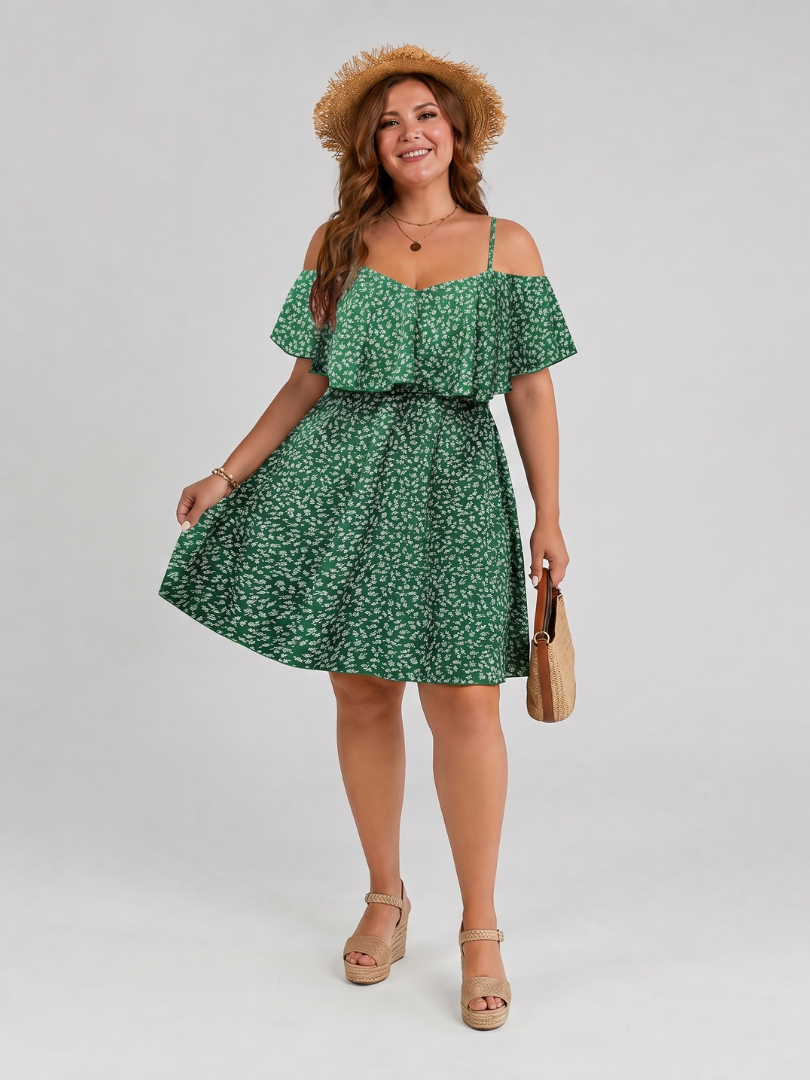 Women’s Cold Shoulder Ruffle Overlay Knee Length Dress
