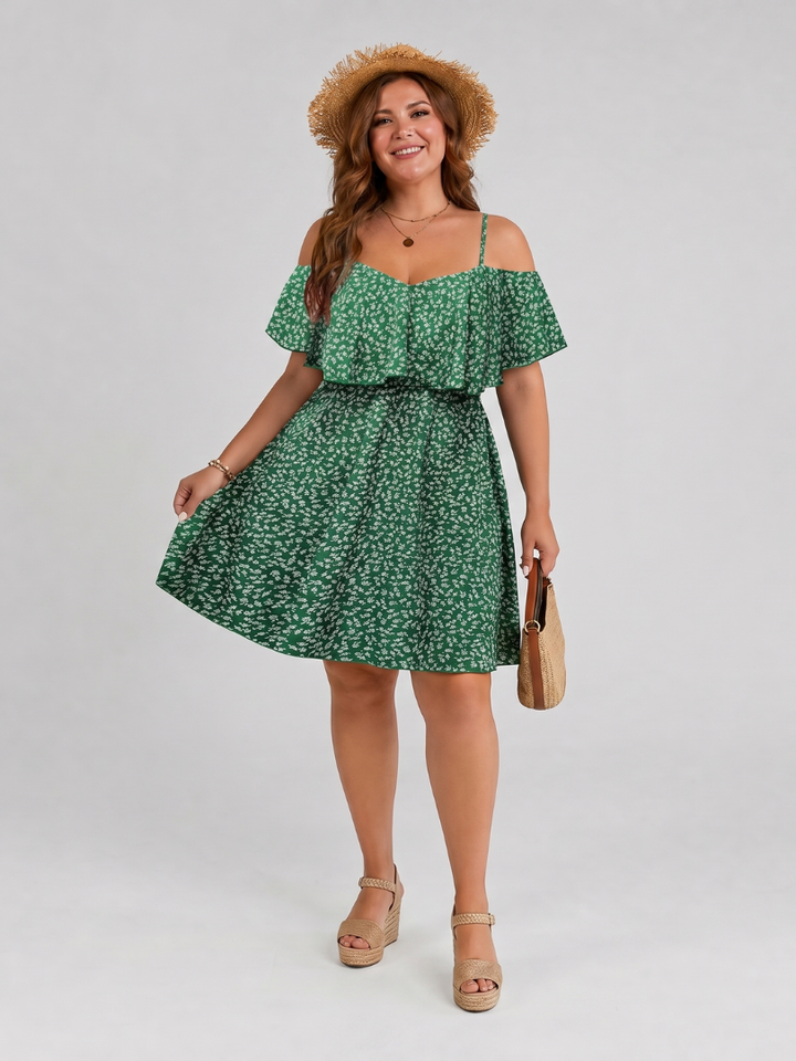 Women’s Cold Shoulder Ruffle Overlay Knee Length Dress