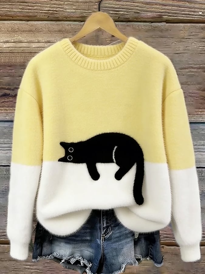 Women’s Cat Graphic Crewneck Pullover Sweater