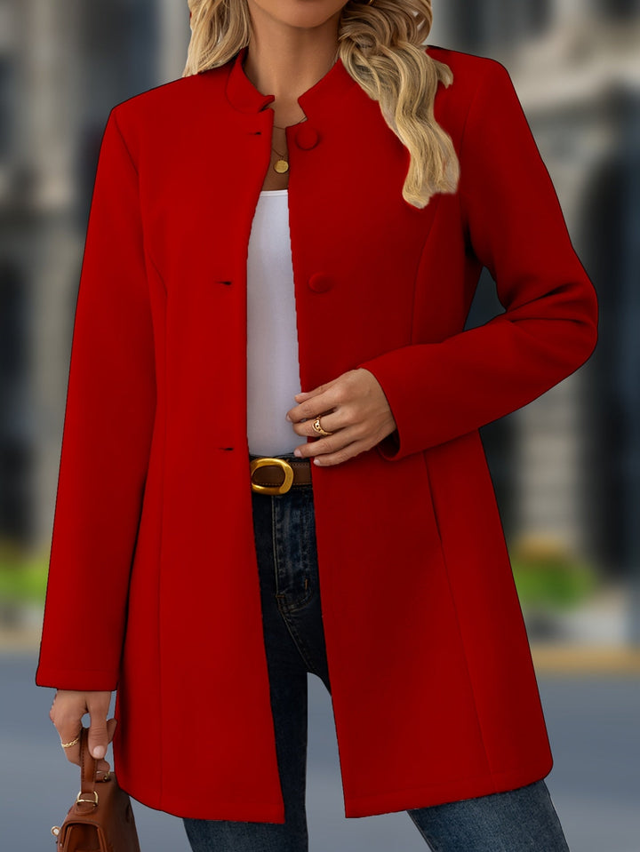 Women’s Belted Button Front Stand Collar Coat