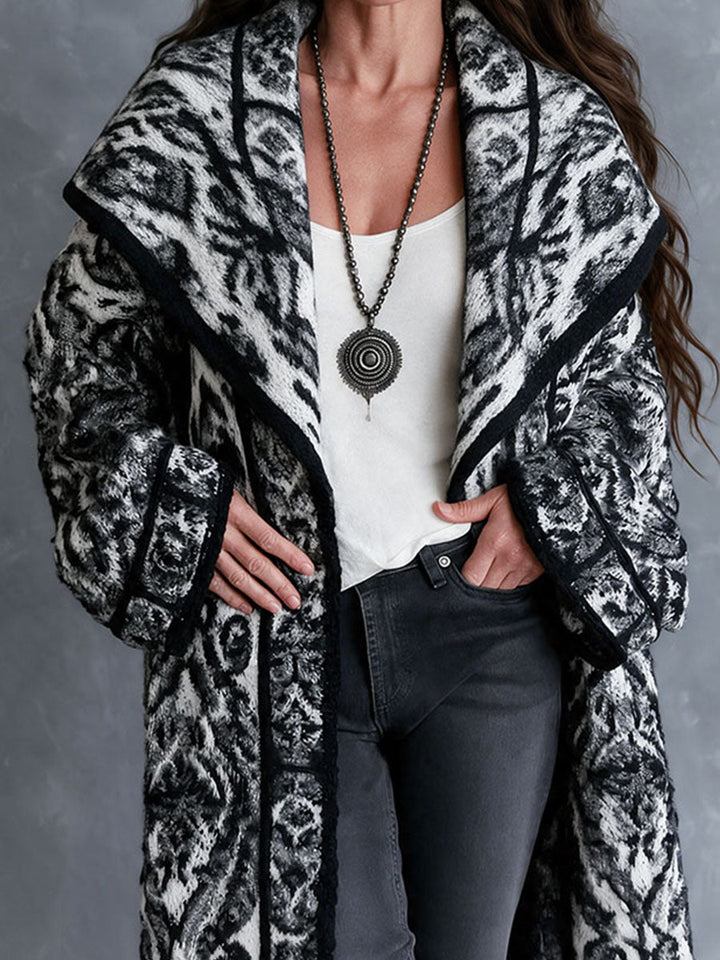 Vintage Black White Nomadic Tribal Knit Maxi Coat With Wide Shawl Collar