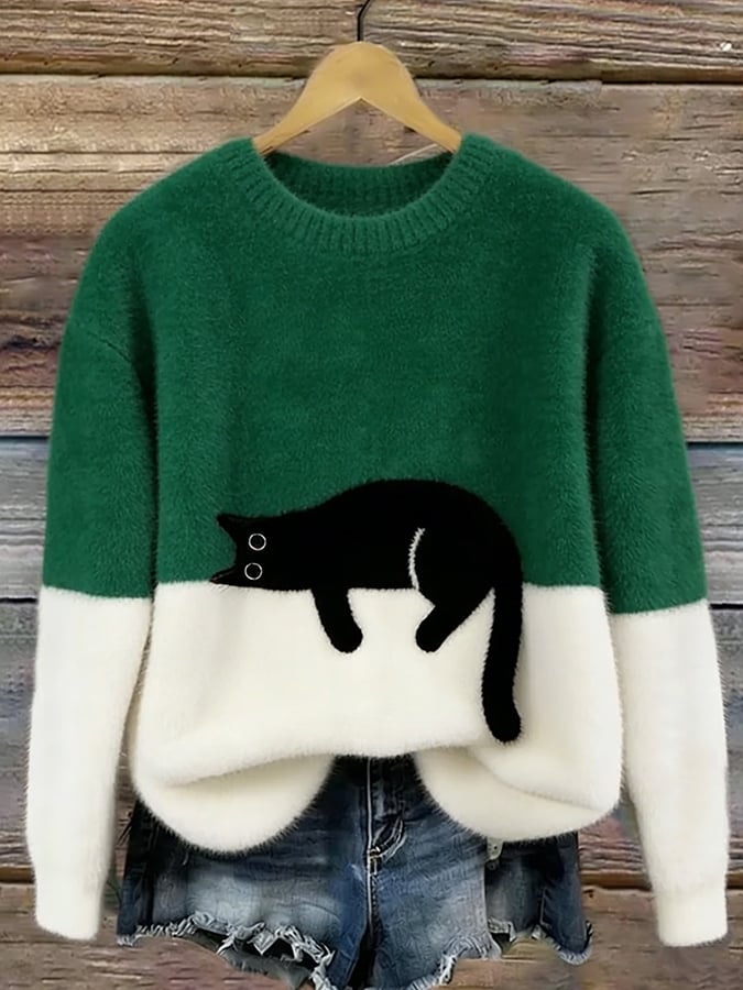Women’s Cat Graphic Crewneck Pullover Sweater