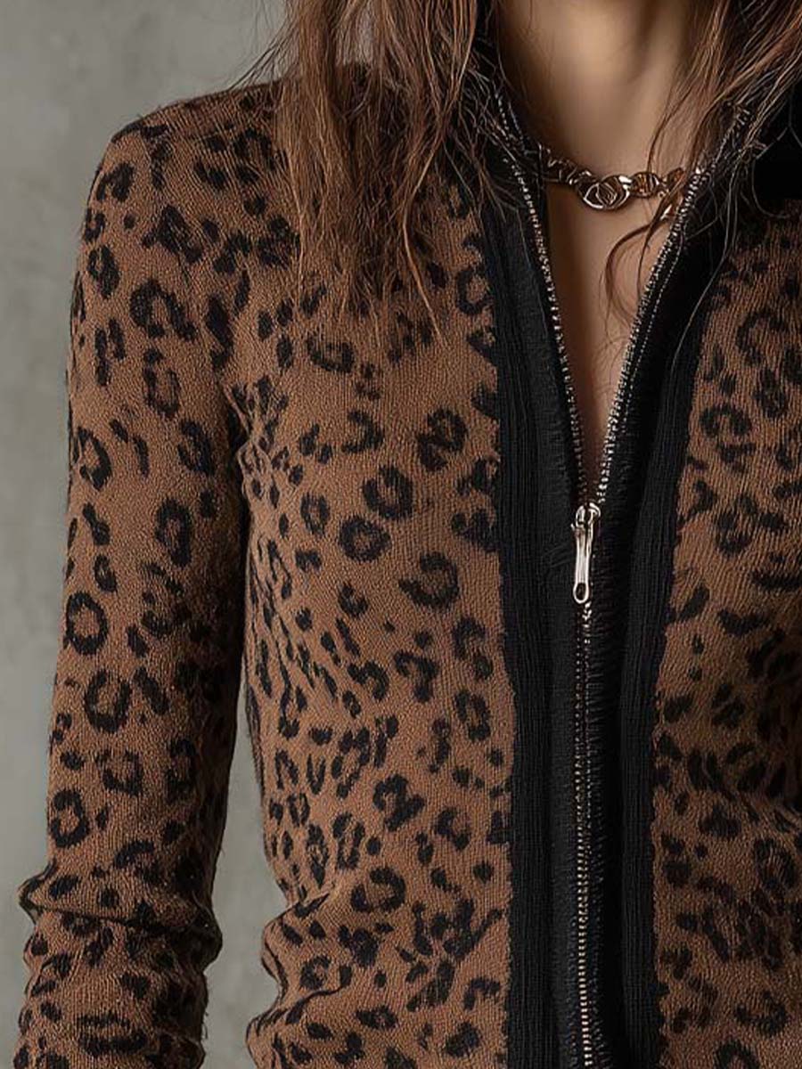 Women’s Vintage Leopard Print Slim Fit Zip Up Cardigan