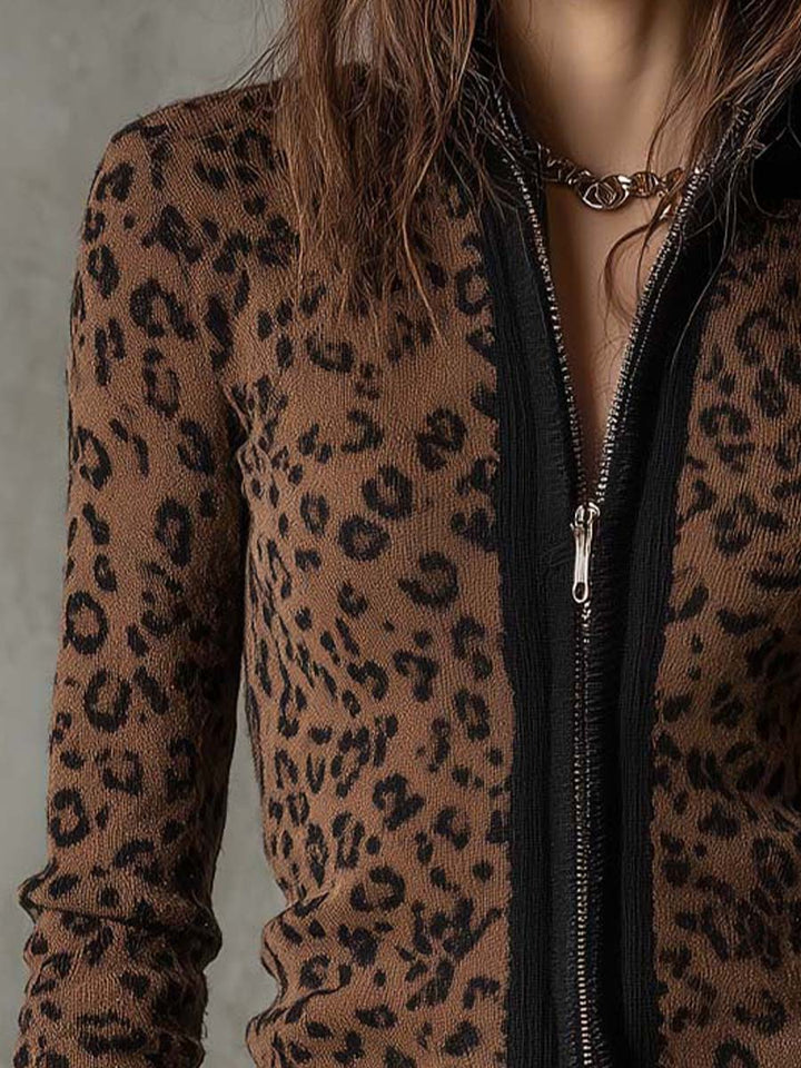 Women’s Vintage Leopard Print Slim Fit Zip Up Cardigan