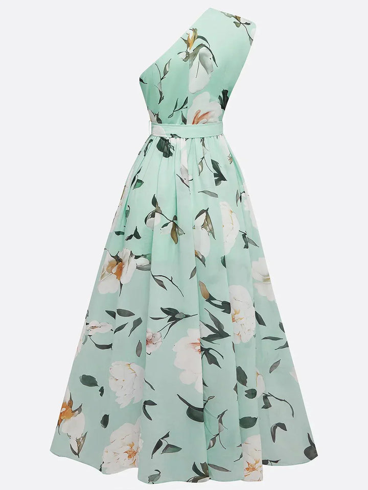 Women’s Light Green Floral One-Shoulder Maxi Dress