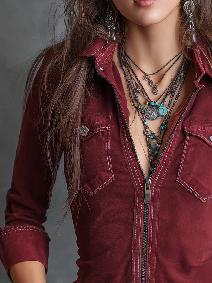 Men’s Vintage Zip Front Distressed Flap Pocket Shirt